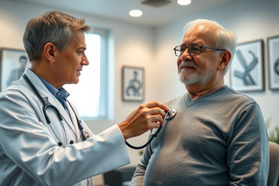 Doctor examining elderly patient with stethoscope in a clinic setting. Healthcare checkup, medical consultation, and senior care are key themes. Warm lighting and neutral tones dominate the image, highlighting the focus on health and well-being.