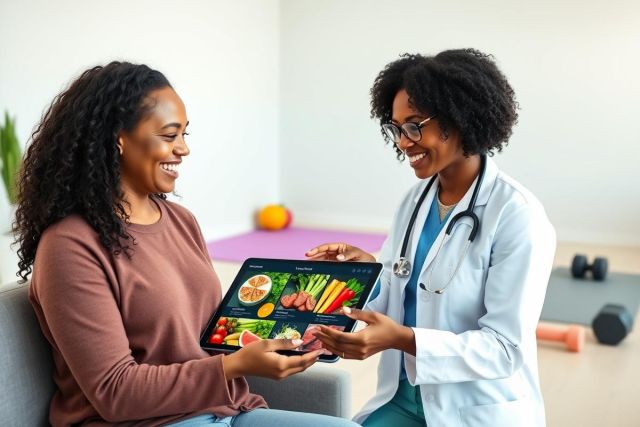 Doctor and patient discussing healthy eating plan on a tablet. Bright, modern living room setting with exercise equipment. Focus on fresh fruits, vegetables, and balanced nutrition for wellness and lifestyle.