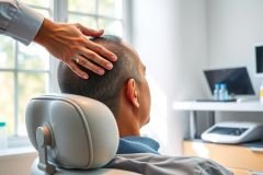 Man receiving a massage in a medical office setting. Close-up of a patient's head and shoulders during therapy. Blue shirt, medical equipment visible in the background. Calming and professional environment.