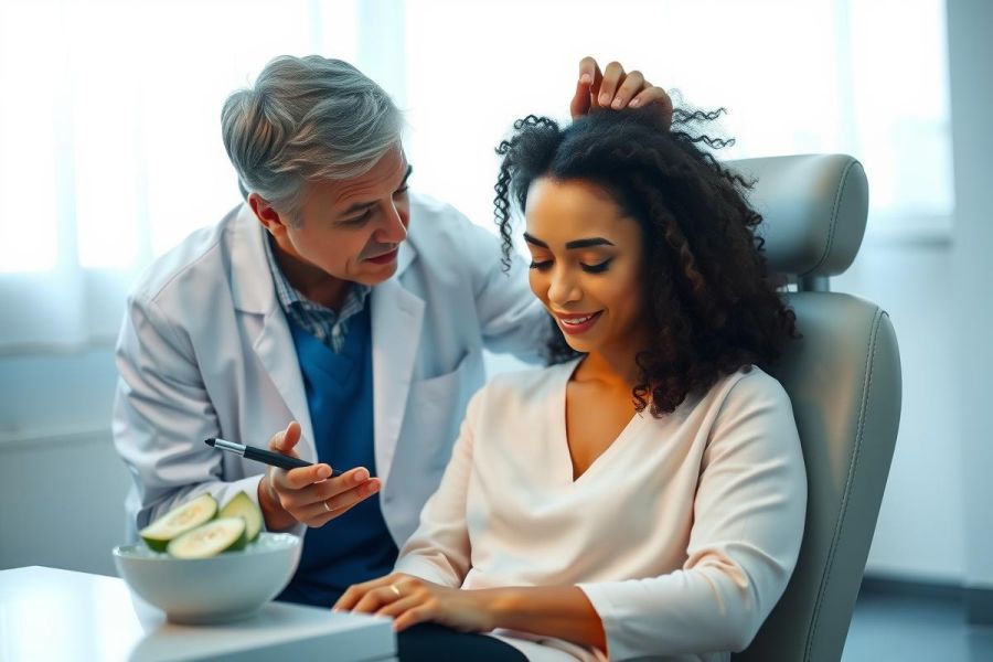 Doctor examines patient during consultation. Healthcare professional in a white coat discusses concerns with a woman in a modern clinic setting. Bright, professional environment.