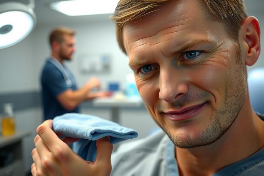 Medical professional in scrubs holds a blue towel in a brightly lit operating room. Focus is on the individual, with a blurred surgical team visible in the background. Healthcare, surgery, medical environment.