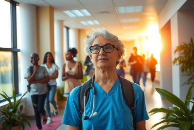 The image shows a healthcare professional, likely a nurse or doctor, standing in an indoor hospital setting. The person is dressed in medical scrubs and wears glasses. They are looking directly at the camera with a neutral expression. In the background, there are other people walking by, suggesting a busy medical facility during daytime hours. The environment includes artificial lighting and features like windows and green plants that create an impression of a modern, well-lit space.