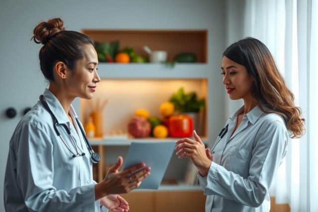 Two healthcare professionals in white coats discuss, likely reviewing patient data on a tablet. Warm lighting illuminates a modern, clean office or consultation room with plants and decorative elements in the background. Focus on patient care and medical consultation.
