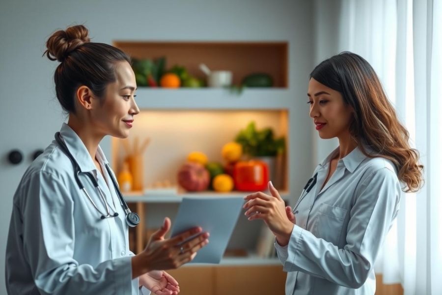 Two healthcare professionals in white coats discuss, likely reviewing patient data on a tablet. Warm lighting illuminates a modern, clean office or consultation room with plants and decorative elements in the background. Focus on patient care and medical consultation.