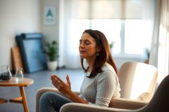 Woman sits relaxed in a bright, modern living room. She wears a white sweater and jeans, appearing calm and thoughtful. The room features natural light and a minimalist aesthetic.