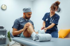 Medical professional assisting a patient with a leg injury. The scene takes place in a clinic or hospital setting, with a focus on leg care and treatment. Blue scrubs and a clean environment are prominent.