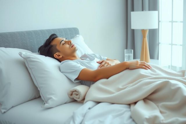 Man resting in bed, peaceful scene. Soft lighting, white bedding, bedroom interior. Relaxing and serene atmosphere. Sleep and wellness concept.