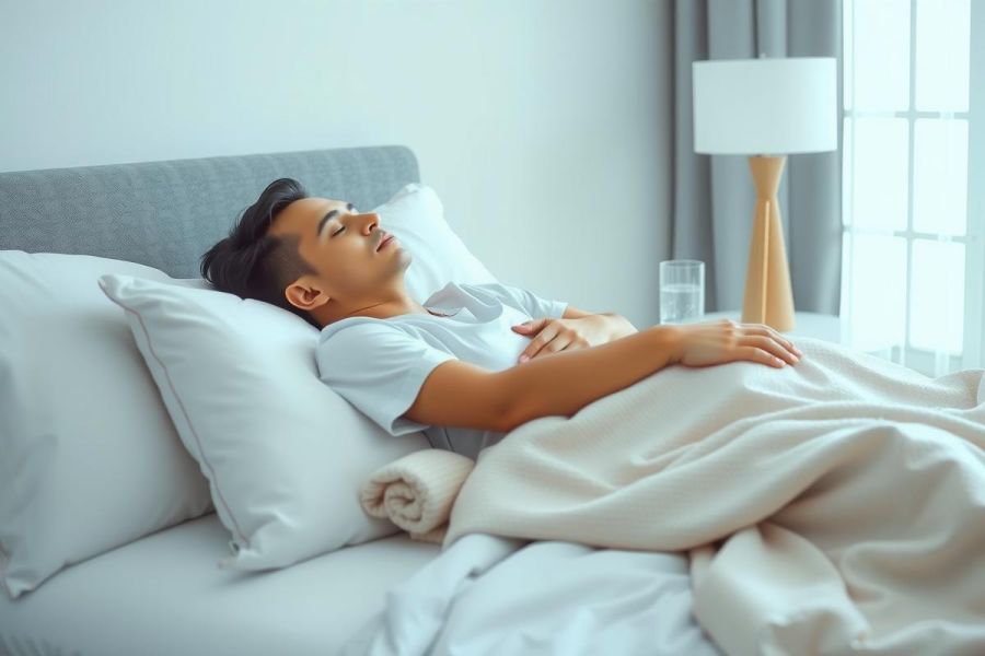 Man resting in bed, peaceful scene. Soft lighting, white bedding, bedroom interior. Relaxing and serene atmosphere. Sleep and wellness concept.
