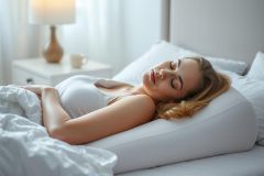 Woman sleeping peacefully in a bright, cozy bedroom. Soft white bedding, a wedge pillow, and natural light create a serene atmosphere. Relaxation, sleep, and comfort are key themes. Interior design, bedroom decor, and restful sleep concepts.