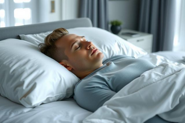 Man sleeping peacefully in bed. Close-up showing a serene and restful scene with white bedding and a neutral color palette. Focus on relaxation and sleep.