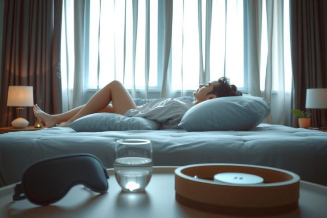 Woman relaxing in bed with a sleep mask, glass of water, and bedside table with lamp and tray. Soft blue tones, peaceful bedroom scene, wellness and relaxation concept.