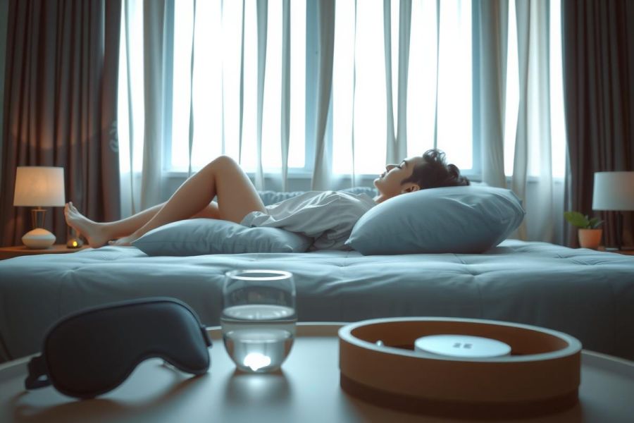 Woman relaxing in bed with a sleep mask, glass of water, and bedside table with lamp and tray. Soft blue tones, peaceful bedroom scene, wellness and relaxation concept.