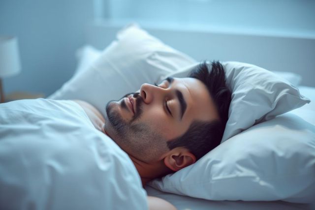 Close-up of a young man sleeping peacefully in bed. Soft blue tones create a calming atmosphere. Focus on his face, relaxed and serene, highlighting sleep and rest. Bedroom setting, comfortable bedding, promotes wellness and relaxation.