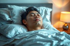 Man sleeping peacefully in bed, illuminated by soft light. Cozy bedroom scene with focus on relaxation and restful sleep. Warm tones and blurred background create a serene atmosphere.
