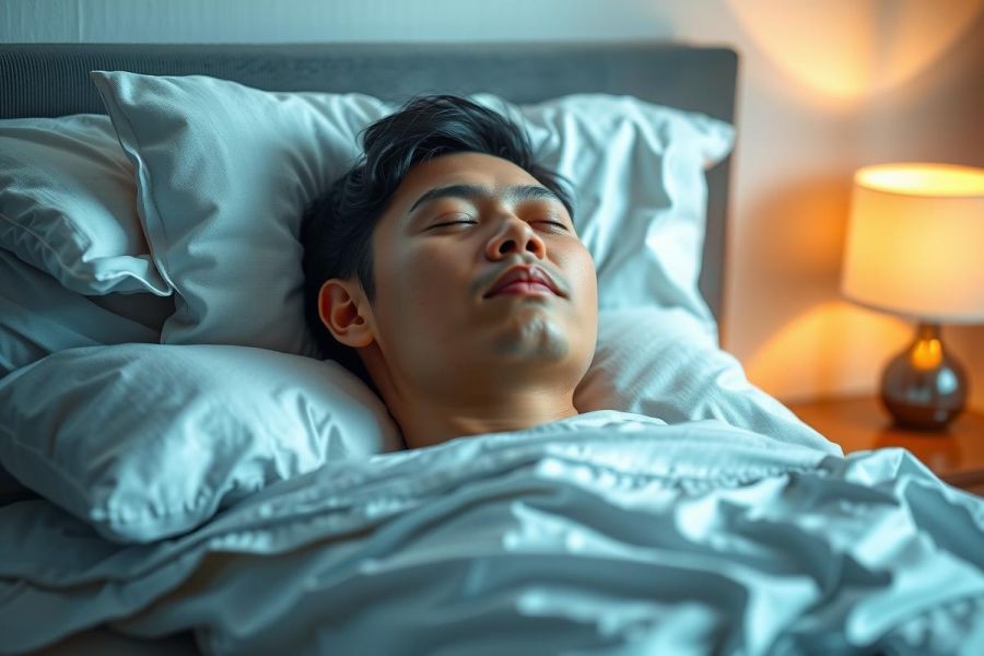 Man sleeping peacefully in bed, illuminated by soft light. Cozy bedroom scene with focus on relaxation and restful sleep. Warm tones and blurred background create a serene atmosphere.