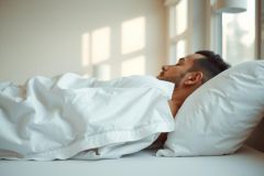 Man sleeping peacefully in a bed with white linens, bathed in soft morning light. Relaxing bedroom scene, focus on tranquility and rest. Minimalist aesthetic.