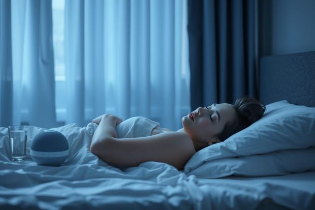 Woman sleeping peacefully in a dimly lit bedroom. Blue and white tones dominate the scene, creating a calm and restful atmosphere. A glass of water and a bedside lamp are visible. Image depicts sleep, relaxation, and a comfortable bedroom setting.