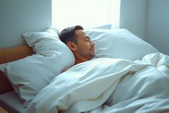 Man sleeping peacefully under a white duvet in a bed. Soft lighting and a calming, serene atmosphere create a sense of tranquility.  Focus on rest and relaxation.