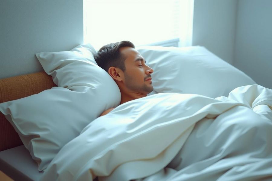 Man sleeping peacefully under a white duvet in a bed. Soft lighting and a calming, serene atmosphere create a sense of tranquility. Focus on rest and relaxation.