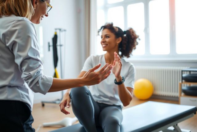 Physical therapy session. A therapist and patient give each other a high five in a brightly lit clinic with exercise equipment. Focus on rehabilitation and wellness.