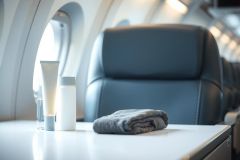 Luxurious airplane interior with a neatly folded towel, skincare products, and a blue leather seat.  Modern, clean design with soft lighting creates a sense of comfort and travel elegance.