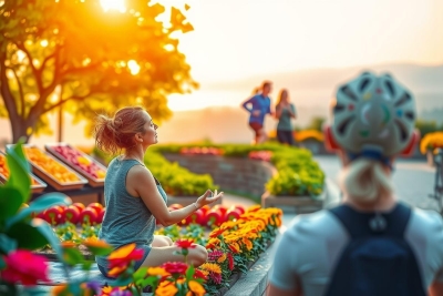 A peaceful outdoor scene where a woman is sitting on the ground, meditating with her hands in prayer position, set against a vibrant garden backdrop. The garden features colorful flowers and potted plants. In the background, there's another person wearing a helmet, possibly preparing for a bike ride.