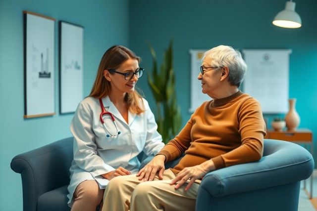A doctor speaks with an elderly patient in a home setting. The scene conveys a healthcare consultation, featuring a warm and comfortable environment. Focus is on empathy and care.