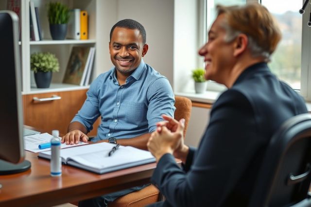 This image depicts a modern office environment. Two individuals, likely business professionals, are engaged in conversation. One person is seated at a desk, using a computer with a smile on their face.