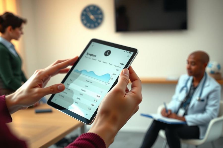 A person holds a tablet displaying a graph, likely reviewing data in a meeting setting. A doctor is also present. The scene conveys a professional, data-driven discussion.