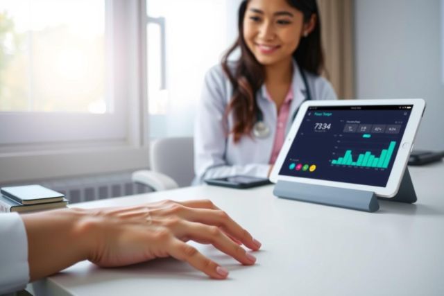 Doctor reviewing patient data on a tablet in a medical office. Focus on healthcare technology, patient records, and clinical setting. Bright, modern office environment.