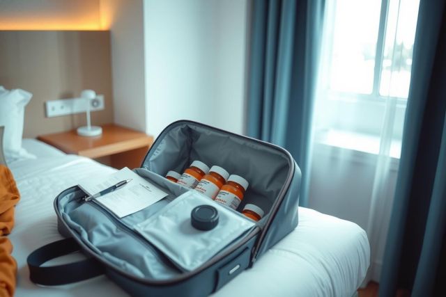 Medicine bag with various medication bottles and a thermometer on a bed. The image showcases healthcare supplies in a modern, clean setting with gray and white tones.