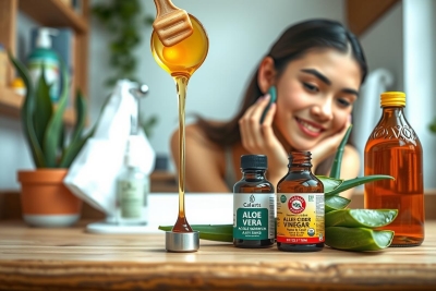 This image shows a young woman in the midst of a skincare routine. She is smiling and holding a phone, possibly taking a selfie or checking something. On the table in front of her are various bottles containing natural ingredients, including honey and herbal extracts. The background includes a potted plant and another shelf with home decor items, indicating that she may be at home. The overall atmosphere is one of relaxation and enjoyment of personal care products.