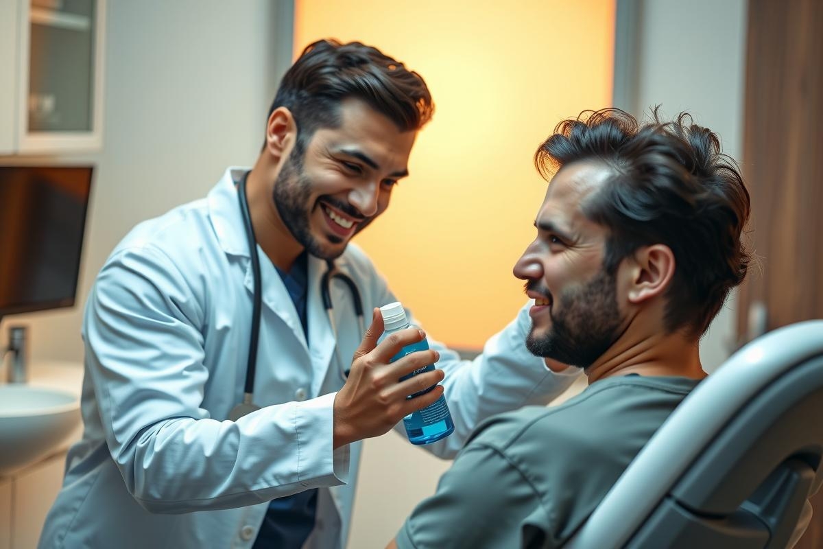 Doctor hands medication to patient in clinic. Healthcare professional in white coat, friendly consultation, medical setting, blue liquid in bottle. Patient and doctor interaction, medical advice, health checkup.