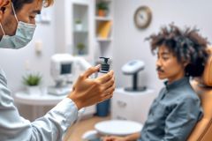 A dentist in a white coat holds a syringe, examining a patient seated in a dental chair. The setting is a modern dental clinic with white cabinetry and equipment.