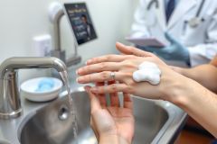 Healthcare worker washing hands with soap in a medical setting. Focus on hygiene and sanitation practices. Bright, clean environment with stainless steel sink and medical equipment visible.