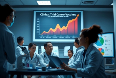 The image depicts a group of medical professionals, including doctors and nurses, gathered in an operating or hospital setting with screens displaying various graphs and data. They are engaged in discussion about clinical trial results, specifically related to cancer vaccines.