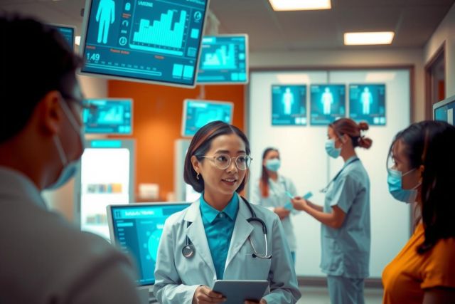 The image depicts a modern healthcare setting, likely a hospital or clinic. At the center stands an Asian female doctor in a lab coat and stethoscope around her neck. She is surrounded by multiple large computer monitors displaying various health statistics and medical data.