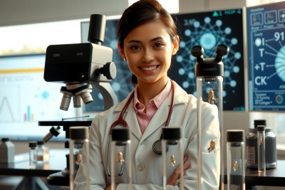 The image features a female scientist in a laboratory. She is wearing a white lab coat and is surrounded by various scientific equipment such as test tubes and beakers, indicating a research or analytical setting.