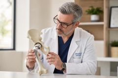 Orthopedic surgeon demonstrating a hip implant model in a calm clinic setting for patient education.