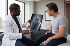 Orthopedic consultation: doctor reviews hip X-ray and implant model with patient in clinic.