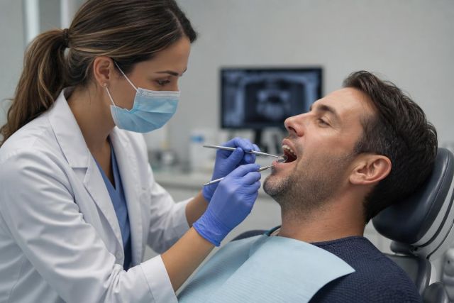 Dentist examining a male patient in a modern dental operatory during a routine oral exam.