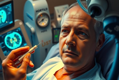Man in hospital lying down on a bed with various medical equipment around him, including monitors and a ventilator. He's holding a pen and looking at some notes or paperwork.
