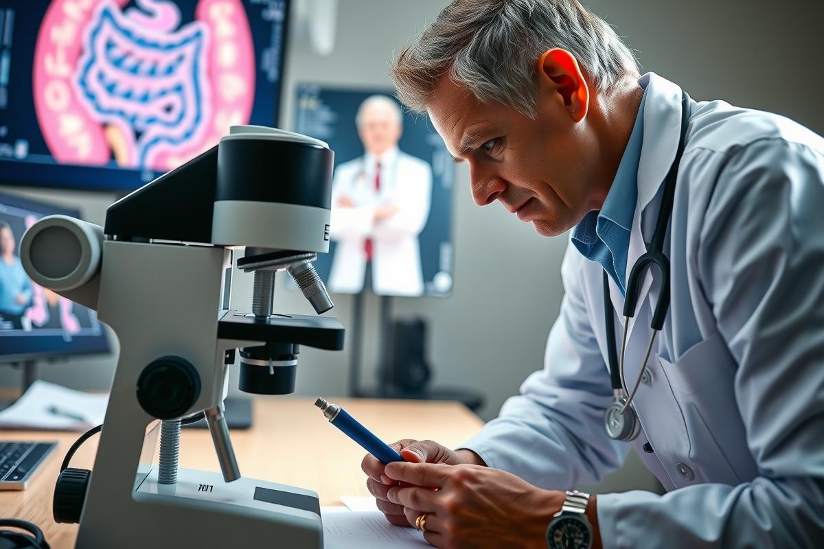 The image shows a medical setting where a doctor is examining the lungs of a patient. The doctor, dressed in a white lab coat and stethoscope around his neck, is focused on the patient's scan on a screen.