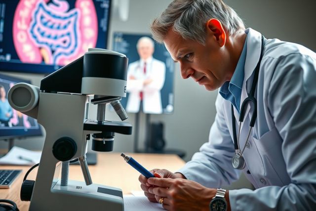 The image shows a medical setting where a doctor is examining the lungs of a patient. The doctor, dressed in a white lab coat and stethoscope around his neck, is focused on the patient's scan on a screen.