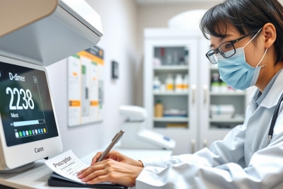 A healthcare professional in a lab coat and mask writes a prescription near a medical device. The scene includes shelving with medicines, showcasing a clinical setting.