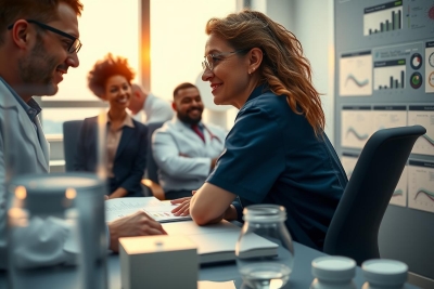 In the image, there is a professional meeting taking place in an office setting. A group of individuals are gathered around a conference table, engaging in conversation.