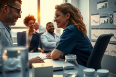 In the image, there is a professional meeting taking place in an office setting. A group of individuals are gathered around a conference table, engaging in conversation.