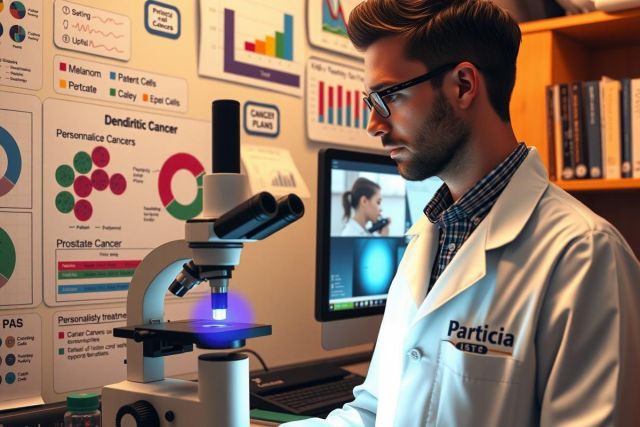 A man in a lab coat is seated at a workstation using a microscope. He is looking through the lens of the instrument, suggesting he might be an academic or scientist engaged in research or education.