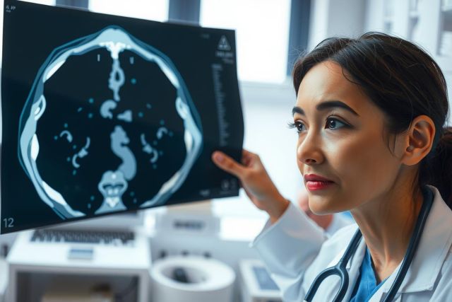 The image depicts a medical professional, possibly a radiologist or physician, examining a patient’s CT scan. The setting suggests a modern medical environment with advanced imaging technology. The colors in the image are predominantly cool tones, reflecting the sterile and focused atmosphere commonly found in healthcare facilities.