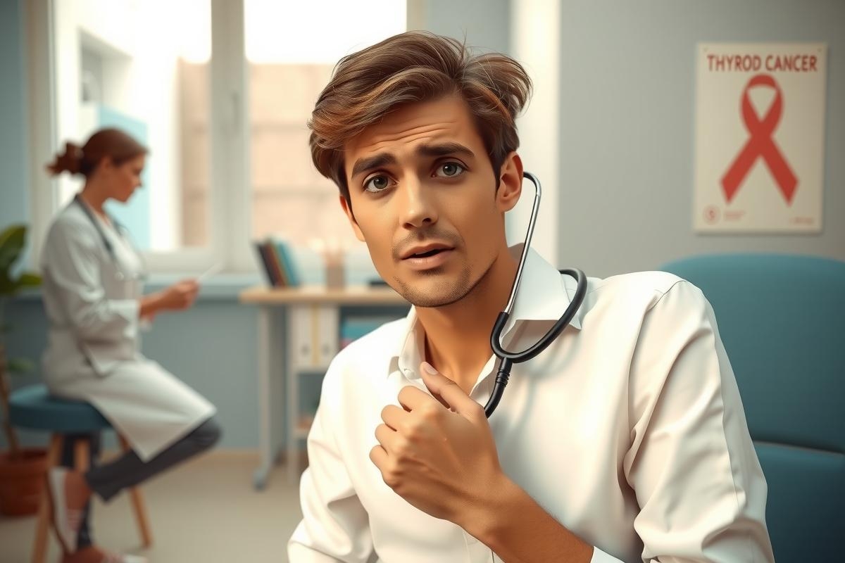 The image shows a man in an office environment, looking surprised or confused. He is sitting at a desk with a doctor on the other side of the room. The setting appears to be a medical office with a window and a sign that says 'thyroid'. Both individuals are dressed professionally, suggesting this could be a health consultation scenario.